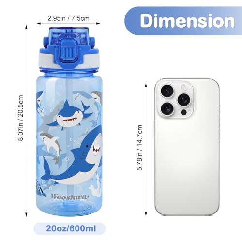 Kids Water Bottle for School, 20 Oz Plastic Straw Water Bottle with Silicone Spout and Leakproof Cover, Dishwasher Safe (Shark) - color: Shark, size: 20 Ounces