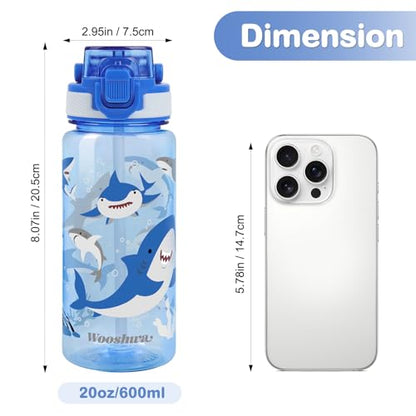 Kids Water Bottle for School, 20 Oz Plastic Straw Water Bottle with Silicone Spout and Leakproof Cover, Dishwasher Safe (Shark) - color: Shark, size: 20 Ounces