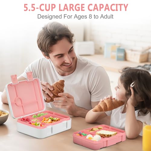 Kids Bento Lunch Box with Ice Pack, 5 Compartments Leak-Proof Bento Box with Utensils, 5.5-Cup Capacity for Adults & Ages 8+, BPA Free, Microwave & Dishwasher Safe, Pink - color: Pink