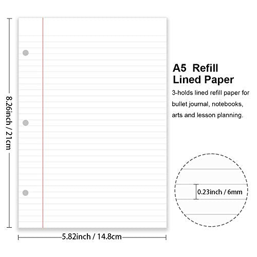 (3-Pack) A5 Filler Paper, 3 Hole Planner Refills, Organizer, Loose-leaf Binder Paper, Total 300 Sheets/600 Pages, Lined, 100gsm, White, 5.8 x 8.2 Inch, 3 Hole Filler Paper, Mini Binder Refill Inserts - size: 300 Sheets