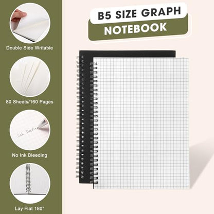 Resurhang 2 Pack B5 Graph Paper Spiral Notebooks 7.3" x 10" Grid Notebooks 160 Pages 4 Squares Per Inch Graphing Paper Quad Ruled for Engineering Work Math School