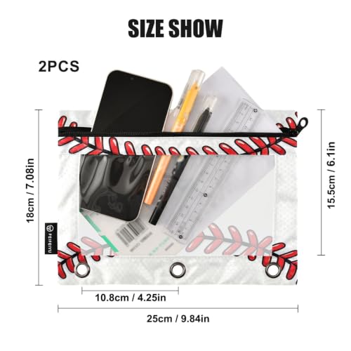 Pencil Pouch 3 Ring Baseball Lace Red Stitches Zipper Pencil Pouches Case Binder Cosmetic Bag 2 Pack for Office School College Supplies - color: Baseball Lace Red Stitches