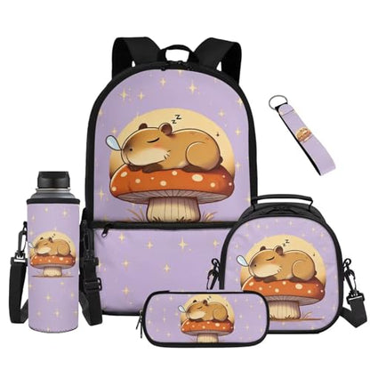 Capybara Kids School Backpack Set 5 Piece Bookbag with Lunch Bag Pencil Case and Water Bottle Carrier for Elementary and Middle School - color: Capybara