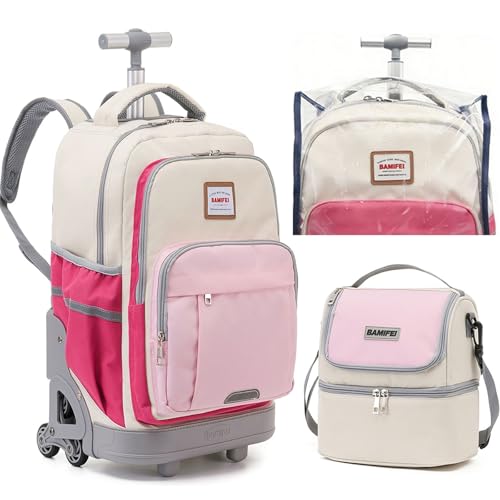 18 Inch Rolling Backpack for Girls, 3-Wheel Stair Climbing Kids Roller Backpack Set with Lunch Bag & Rain Cover, Travel Backpack for Kids, Back to School Essentials for Girls 8-12, Pink