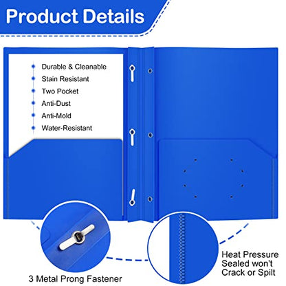 ViVin 12 Pack Plastic Folders with Pockets and Prongs, Heavy Duty 2 Pocket Folders with 3-Prong Fasteners, Poly File Holds 8-1/2" x 11" Paper for School Office Home (Blue) - color: Blue, size: 12 PACK