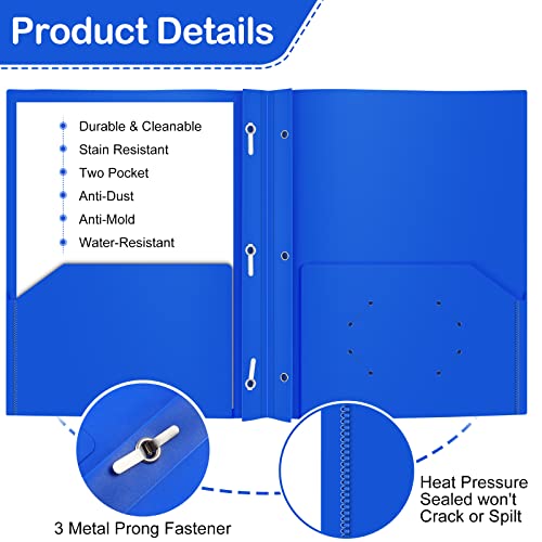 Heavy Duty Plastic Folder, 60 Pack, Pocket Folder with brads, Letter Size Poly File, Plastic Folders with 3 Prongs Fasteners - Blue - color: Blue, size: 60 PACK