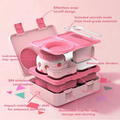 Bento Lunch Box for Kids Adult, Leakproof 3-4 Compartment Bento Box Set with Insulated Food Jar,Water Bottle, Lunch Bag, School Lunch Container for Toddler Teen Girls Boys Ages 3+(Strawberry) - color: Strawberry