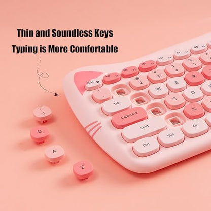 Cute Cat 2.4G USB Wireless Keyboard and Mouse Combo, Silent Keys, Candy Colors, Compatible with Notebook, PC (Pink-84Keys) - color: Pink-84Keys