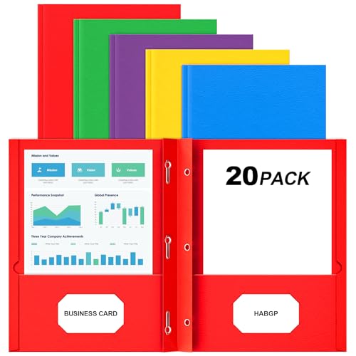 HABGP Two Pocket Folders with Prongs, 20 Pack Paper Folders with Pockets and 3 Prongs Fit Letter Size Paper, for Organizing Files in School, Office & Business (Assorted 5 Colors) - color: 20 Pack