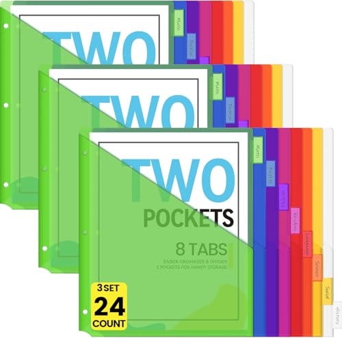 Sooez 24 Count Dividers with Pockets, Binder Dividers with tabs | Binder Dividers for 3 Ring Binders, Binder Divider with Pockets for US Letter Size, Insertable Big Tabs, Multicolor,Set of 3 - color: Green, size: 3 Sets