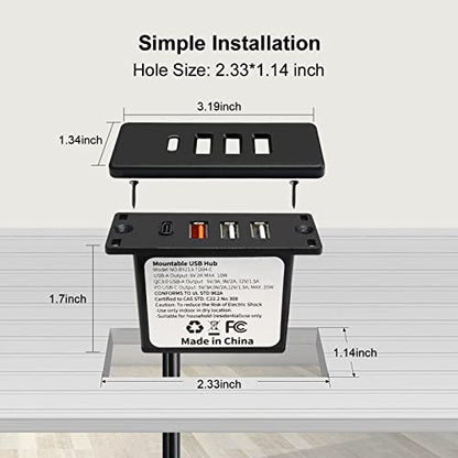 Powered USB C Hub Socket Recessed USB C Power Strip Outlet with Fast Charge 4 USB Ports 20W Mounted into Bed Desk Table Sofa