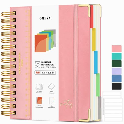 Leather 5 Subject Spiral Notebook: Hardcover College Ruled Notebook with Pocket Dividers & Ruler, 300 Pages 100GSM Thick Writing Spiral Journal for Women Men, Lined A5 Notebooks for Work School, 6"x8" - color: Pink, size: A5