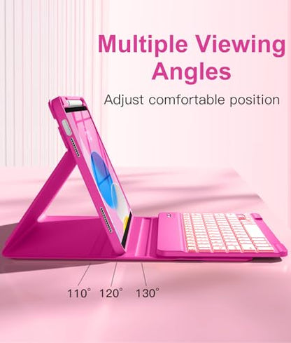 Hamile for iPad 11th 10th Generation Case with Keyboard - 7 Colors Backlit Wireless Detachable Folio Keyboard Cover with Pencil Holder for iPad 11-inch A16 2025 10th Gen 10.9 Inch 2022 (Hot Pink) - color: Hot Pink