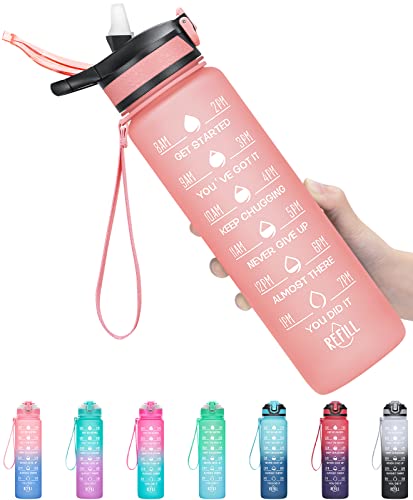 32oz Leakproof Motivational Sports Water Bottle with Straw & Time Marker, Flip Top Durable BPA Free Non-Toxic Frosted Bottle Perfect for Office, School, Gym and Workout - color: Rose Quartz