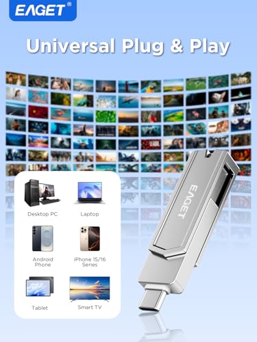 EAGET 512GB USB Flash Drive 2-in-1, USB 3.2 Gen 1 USB-C & USB-A Swivel Design, 150MB/s High-Speed Memory Stick for iPhone 15/16/17, Android, Mac, Laptop, Tablet, PC - Metal Body - size: 512GB
