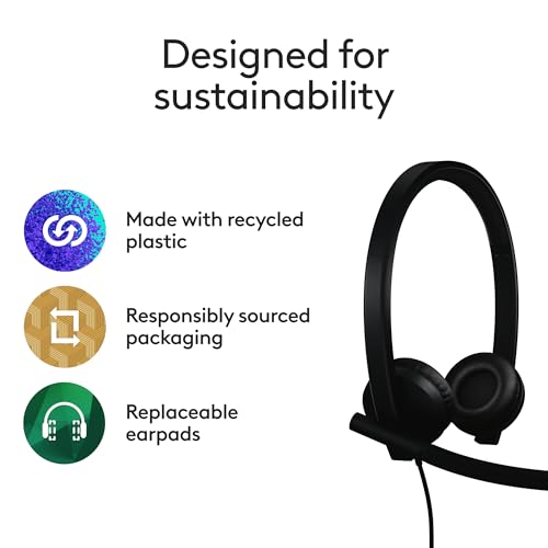 Logitech H570e USB Headset with Microphone for PC and Mac, USB-A Wired Headset with Stereo Sound, Noise-Canceling Mics and Inline Controls, Certified for Microsoft Teams, Black - size: Teams, style: Stereo