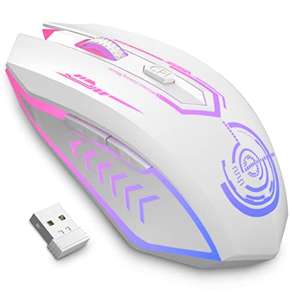 UHURU Gaming Mouse, Wireless Gaming Mouse with 6 Buttons 7 Changeable LED Color up to 10000 DPI, Rechargeable USB Gamer Mouse for PC Laptop (White) - color: white