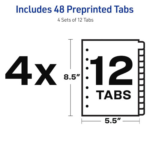 Avery A-Z Mini Dividers for 3 Ring Binders, 12 Tabs per Set, 8.5" x 5.5", Pre-Printed Tabs, 4 Binder Divider Sets, Great for Organizing Notes, Projects, Schedules, and More (43131) - style: 4 Sets