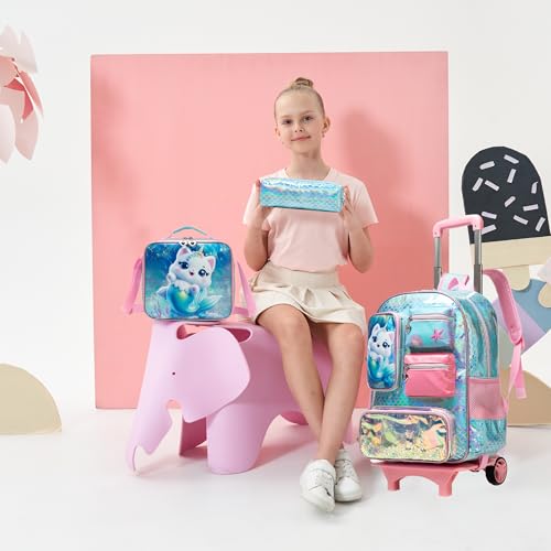 Meetbelify Cute Cat Rolling Backpack for Girls Backpack with Wheels for Elementary Student Kids School Bag with Lunch Box Pencil Case for Girls Ages 6-8 Years Old - color: Cat Mermaid