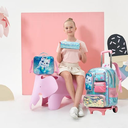 Meetbelify Cute Cat Rolling Backpack for Girls Backpack with Wheels for Elementary Student Kids School Bag with Lunch Box Pencil Case for Girls Ages 6-8 Years Old - color: Cat Mermaid