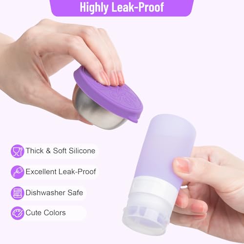 MICEBAY 8-Pack Salad Dressing Container To Go, 2-oz Silicone Small Condiment Squeeze Bottles and 1.6 oz Stainless Steel Sauce Containers Cups, Leakproof Condiment Containers with Lids for Lunch Box - color: Purple, size: 2-oz