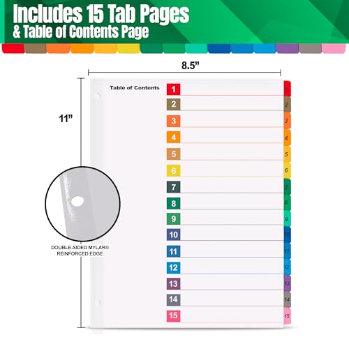 Tab Dividers for 3 Ring Binders – 6 Sets, 1–15 Numbered Index Dividers with Table of Contents – 8.5 x 11 in, 3-Hole Punched – Binder Dividers for School, Office, Filing, Organizing - 6 Pack - size: 1-15 Tabs