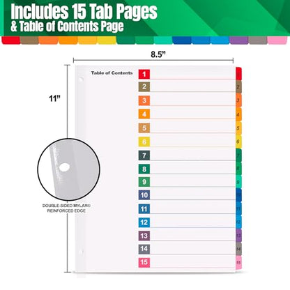 Tab Dividers for 3 Ring Binders – 6 Sets, 1–15 Numbered Index Dividers with Table of Contents – 8.5 x 11 in, 3-Hole Punched – Binder Dividers for School, Office, Filing, Organizing - 6 Pack - size: 1-15 Tabs