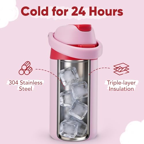 Fijinhom 12 oz Toddler Water Bottle with 2-in-1 Lid, 304 Stainless Steel Insulated Bottle, Kids Water Bottle for School Boys Girls, Leak-Proof Great for Sport, Travel & Gift, - color: Pink