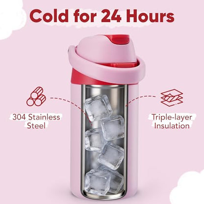 Fijinhom 12 oz Toddler Water Bottle with 2-in-1 Lid, 304 Stainless Steel Insulated Bottle, Kids Water Bottle for School Boys Girls, Leak-Proof Great for Sport, Travel & Gift, - color: Pink