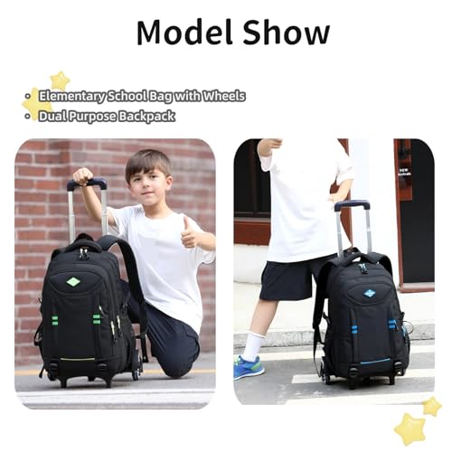 Rolling Backpack for Boys Elementary School Bag with Wheels Travel Trolley Bag 2 wheels and 6 wheels - color: Black/Blue 2 Wheels, size: 2 wheels