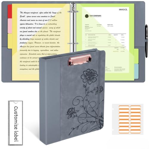 3 Ring Binder 1 Inch, Leather Binders with Clipboards, with 10 Pocket Divider(Grey, Letter Size) - color: Grey