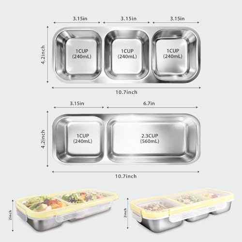Upgraded Snackle Box Containers 2-Pack, Leak-Proof Bento Box for Kids & Adults, Reusable Stainless Steel Snack Containers with Lids, Perfect for Lunchables & Snack Packs (2 & 3 Compartment Yellow) - color: 2 & 3 Compartment Yellow