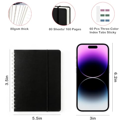 4 Pack Small Spiral Notebooks 3.5 x 5.5 in College Ruled, Mini Spiral Notebook, Waterproof 80 Sheets/160 Pages, Pocket Notebook with 120 Pcs Sticky Index Tabs for Home Office College School (Black) - size: 3.5 x 5.5in, style: Style 3