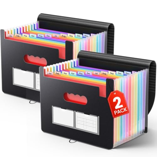 Sooez Accordion File Organizer, 13 Pockets Expanding File Folder, Portable Monthly Paper Bill Tax Receipt Organizer, Letter A4 Size Document Holder with Blank Labels - color: Black, size: 2 Packs