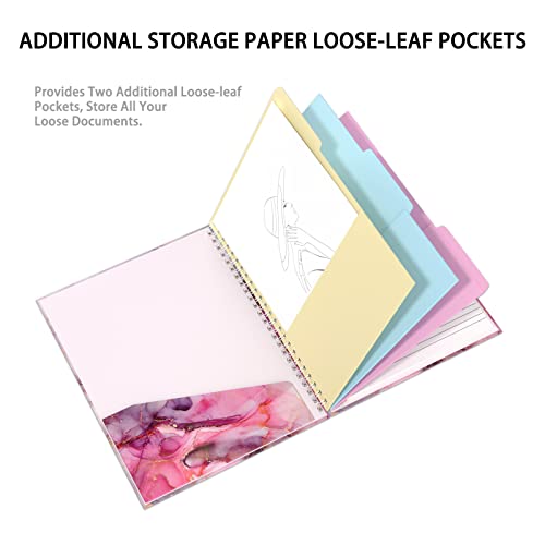 Rimilak Spiral Clipboard Folio with Refillable Lined Notepad, 14.5 x 9.8 in, Hardcover Cover with 5 Interior Pockets, Elastic Band and Pen Loop Series. Cute Stylish Clipfolio, Pink Gold Marble - color: Pink Flow Marble