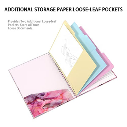 Rimilak Spiral Clipboard Folio with Refillable Lined Notepad, 14.5 x 9.8 in, Hardcover Cover with 5 Interior Pockets, Elastic Band and Pen Loop Series. Cute Stylish Clipfolio, Pink Gold Marble - color: Pink Flow Marble