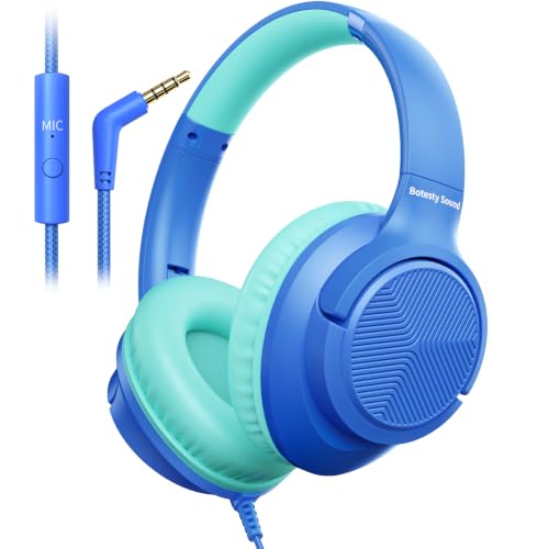 Botesty Sound Wired Headphones with Microphone, Over Ear 3.5mm Plug in Headphones with 4.9ft Tangle-Free Nylon Cord for Tablet, Laptop, MP3/4, School, Airplane Travel (Blue) - color: Blue