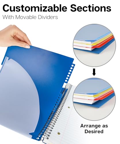 Dunwell 3-Subject Spiral Notebook College Ruled 8.5x11 (Blue), 150 Sheets (300 Pages), Tabs, Colorful Movable Divider Pockets Fit 8.5 x 11 Content, Front/Back Plastic Covers, 3-Hole Perforated Pages - color: Blue