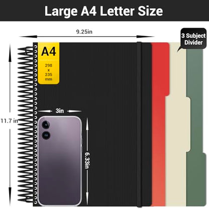 EUSOAR Graph Spiral Notebooks, A4 9.25" x 11.7" Large 3 Subject Notebook Journal, Grid Graph Ruled Paper Composition Notebook 240 Pages with Pocket for Math, Science and Engineering Students - color: Black, style: A4 Graph