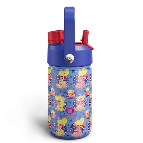 Kids Insualated Water Bottle with Straw,12oz Stainless Steel Water Bottle with Dual Spouts, Leak-Proof,BPA-Free,Double Wall Vacuum Keeps Cold for 24 Hours for Sports,Travel,School (Blue Hippo Parade) - color: Blue Hippo Parade, size: 12 Ounces