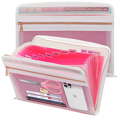 Mukawa 13 Pocket Zippered Expanding File Folder, Accordion File Organizer for Documents Letter Size A4 Papers (Pink) - color: Pink