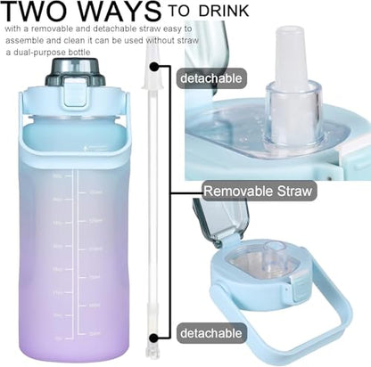 Large Motivational Water Bottle with Straw Time Marker BPA Free for Sport and Fitness (64 Oz/Half Gallon) (cyan-blue-purple)