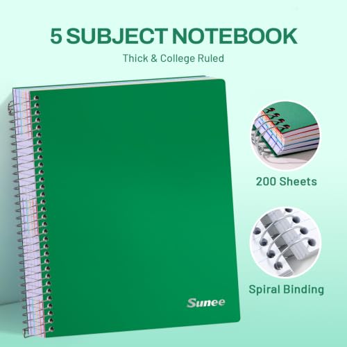 SUNEE 5 Subject Notebook College Ruled - 400 Pages, 9"x11", 5 Pocket Colored Dividers, 3-Hole Punched Paper, Dark Green - color: Dark Green, style: College Ruled