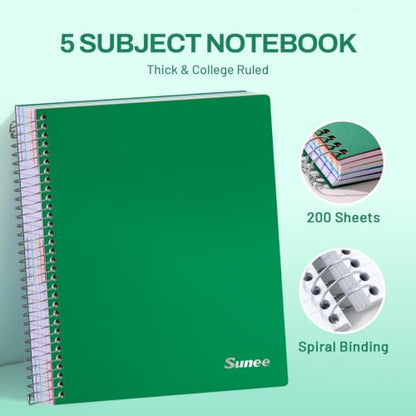SUNEE 5 Subject Notebook College Ruled - 400 Pages, 9"x11", 5 Pocket Colored Dividers, 3-Hole Punched Paper, Dark Green - color: Dark Green, style: College Ruled