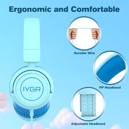 K6C Kids Headphones with USB-C, for Toddler & Kids Ages 2-12, 85dB Safe Volume Limited, Adjustable Headband & Foldable Wired, On-Ear Headphones for School, Travel, Tablet, iPad - color: Cyan