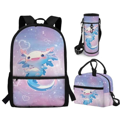 CLOHOMIN Adorable Axolotl Kids Backpack Set 3PCS with Lunch Box 3rd Grade/4th Grade Cute Book Bag and Lunch Bag for Girls Age 5-6Schoolbag Set of 3 Insulated Water Bottle Carrier with Strap - color: Adorable Axolotl