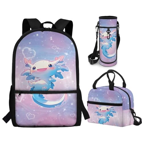 CLOHOMIN Adorable Axolotl Kids Backpack Set 3PCS with Lunch Box 3rd Grade/4th Grade Cute Book Bag and Lunch Bag for Girls Age 5-6Schoolbag Set of 3 Insulated Water Bottle Carrier with Strap - color: Adorable Axolotl