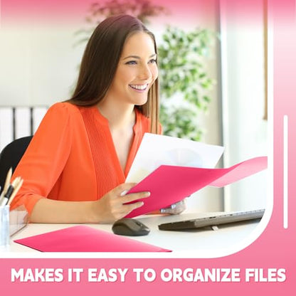 Gueevin 72 Pack Plastic Folder with Pockets, 2 Pocket Folders, Plastic Glossy Folders Fit Letter Size Paper, Heavy Duty Durable File Folder with Business Card for Home Office School (Hot Pink) - color: Hot Pink