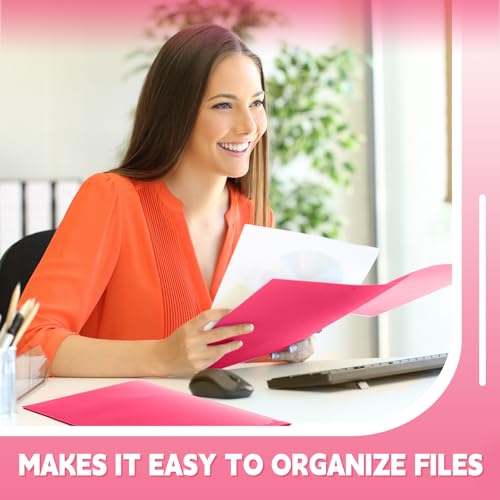 Gueevin 100 Pack Plastic Folder with Pockets, 2 Pocket Folders, Plastic Glossy Folders Fit Letter Size Paper, Heavy Duty Durable File Folder with Business Card for Home Office School (Hot Pink) - color: Hot Pink