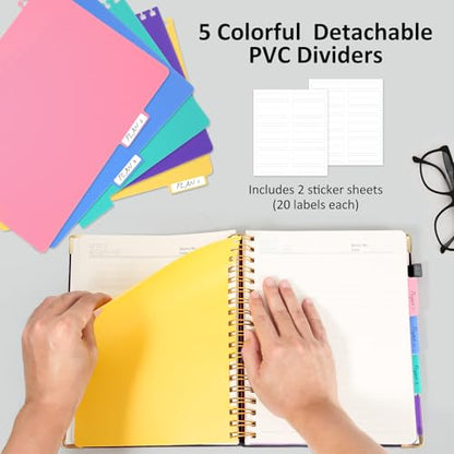Hardcover Spiral Notebook Journal with Removable PVC Dividers - 8'' x 10'' Large 100 GSM Paper B5 Notebooks with Tabs, 300 Pages Leather 5 Subject Notebook College Ruled for Work School Notes, Black - color: Black